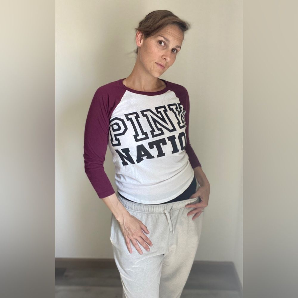 Victoria’s Secret PINK Nation Baseball Tee Oversized XS Maroon White
